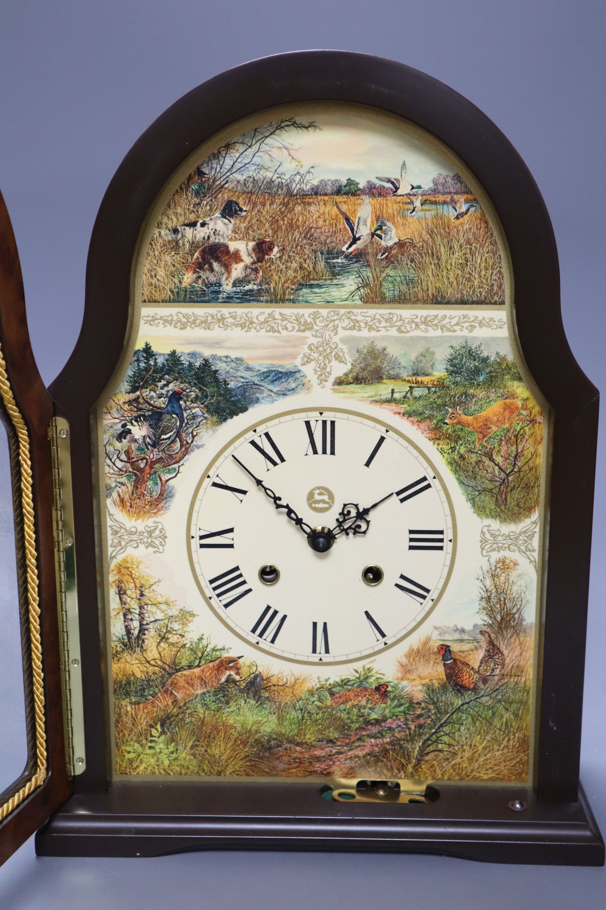 A burr walnut painted mantel clock, height 36cm